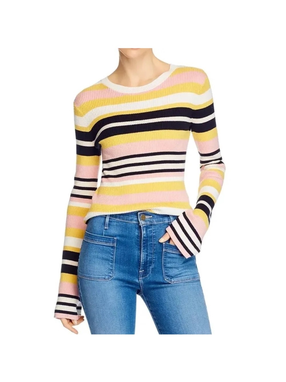 Frame Denim Women's Striped Rib-Knit Sweater - Pink, Yellow, Black  Size XS